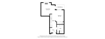 A floor plan of a home with a living room, bedroom, kitchen, bathroom, and entry.