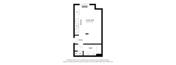 A floor plan of a small apartment with a living area, kitchen, entry, and bath.