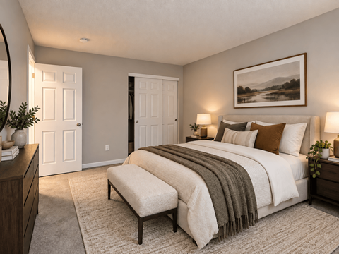 A bedroom with a large bed and a painting on the wall.