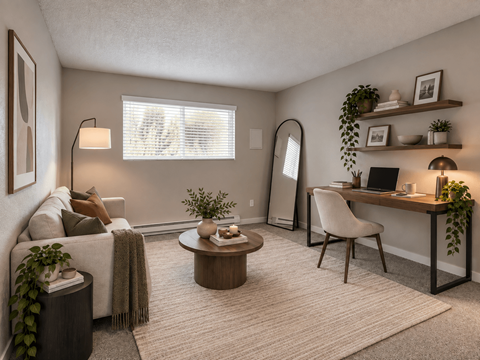 A cozy living room with a couch, coffee table, and a desk with a chair.