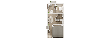 A floor plan of a house with a living room, two bedrooms, a bathroom, and a kitchen.