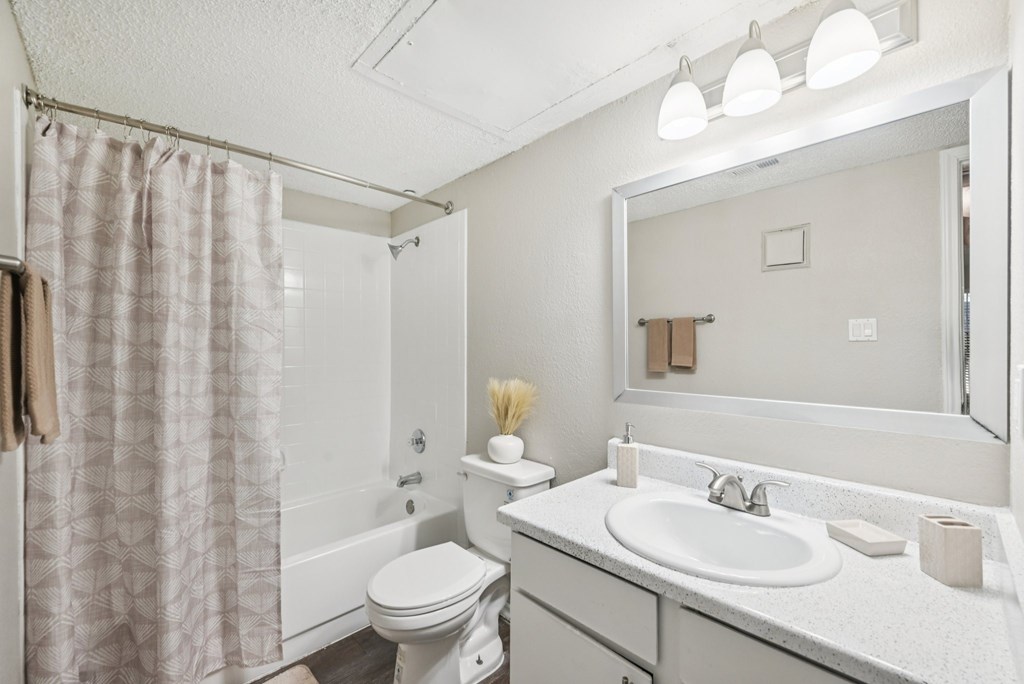 A bathroom with a toilet, sink, and shower curtain.
