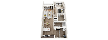 A top-down view of a small apartment with a kitchen, living room, and bedroom.
