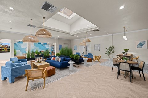 A spacious living room with blue sofas and wooden chairs.