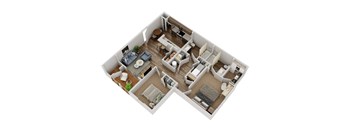 A 3D floor plan of a small apartment with a living room, kitchen, and two bedrooms.