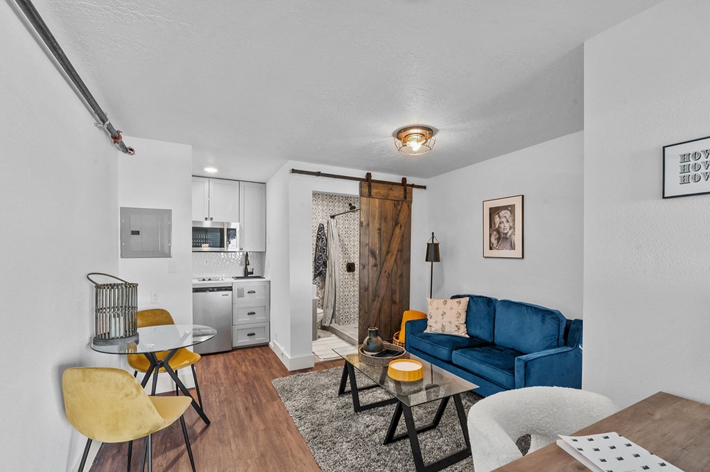 The Prospect Apartments Model Living Room with Kitchen and Bathroom