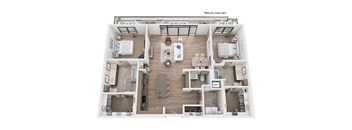 A 3D floor plan of a house showing the layout of the rooms.