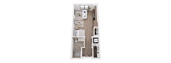 A top down view of a small apartment with a kitchen, living room, and bathroom.
