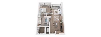 A top-down view of a small apartment with a kitchen, living room, and bathroom.