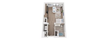 A top-down view of a small apartment with a kitchen, living room, and bathroom.