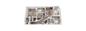 A top-down view of a house interior with a kitchen, living room, and bedrooms.