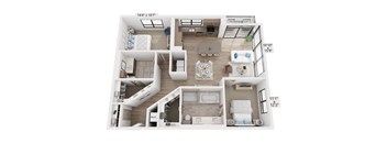 A floor plan of a two-bedroom apartment with a living room, kitchen, and bathroom.