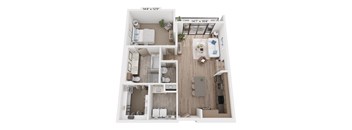 A 3D floor plan of a small apartment with a living room, kitchen, and bathroom.