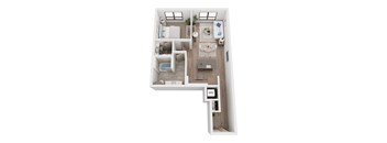 A top down view of a small apartment with a kitchen, living room, and bathroom.