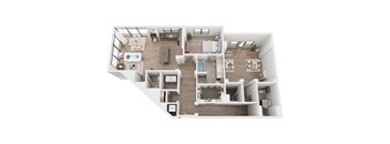 A top-down view of a modern apartment layout with a kitchen, living room, bedrooms, and bathrooms.