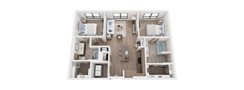 A top-down view of a small apartment layout with a kitchen, living room, and bedrooms.