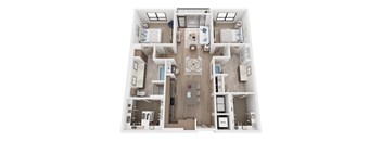A top-down view of a well-organized apartment with a central living area and multiple rooms.