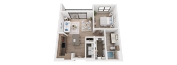 A top-down view of a small apartment with a kitchen, living room, and bathroom.