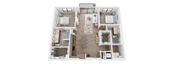 A top-down view of a modern apartment layout with a kitchen, living room, and bedrooms.