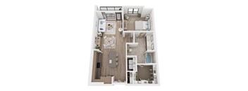 A top-down view of a small apartment with a kitchen, living room, and bathroom.