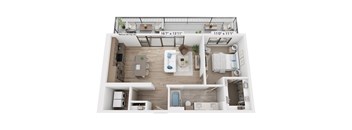 A top-down view of a small apartment with a kitchen, living room, and bathroom.