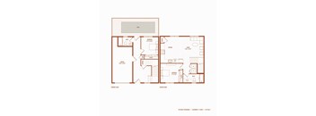 A floor plan of a two-bedroom, two-story townhouse with a garage.