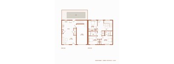 A floor plan of a house with a garage, living room, kitchen, and two bedrooms.
