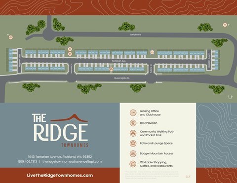 A map of The Ridge Townhomes with various amenities listed below it.