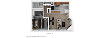 A floor plan of a small apartment with a living room, kitchen, and two bedrooms.