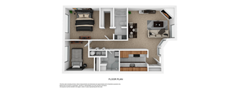 A floor plan of a small apartment with a kitchen, living room, and bathroom.