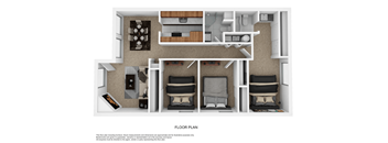 A floor plan of a furnished apartment with two bedrooms, a living room, a kitchen, and a bathroom.