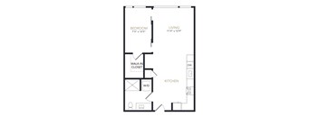 A black and white image of a floor plan for a small apartment.