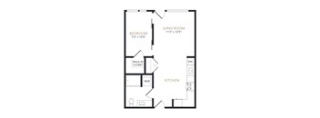 A black and white image of a floor plan for a living room, bedroom, and kitchen.