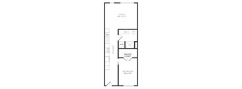 A black and white image of a living room, kitchen, and bedroom floor plan.