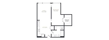 A black and white image of a floor plan for a home with a living room, bedroom, and kitchen.