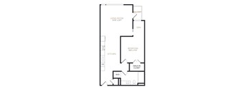 A black and white image of a floor plan for a living room, kitchen, and bedroom.
