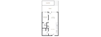 A black and white image of a floor plan for a house with a bedroom, living room, kitchen, and walk-in closet.