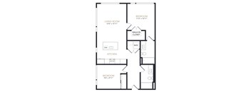 A black and white image of a floor plan for a home with a living room, kitchen, and two bedrooms.