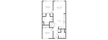 A black and white image of a floor plan for a home with three bedrooms, a living room, and a kitchen.