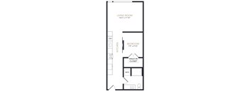 A black and white image of a floor plan for a one bedroom apartment.