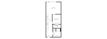 A black and white drawing of a living room, bedroom, and kitchen.