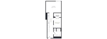 A black and white drawing of a living room, kitchen, and bedroom layout.