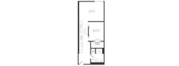 A floor plan of a one bedroom apartment with a kitchen and living room.