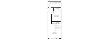 A floor plan of a small apartment with a bedroom, kitchen, and living room.
