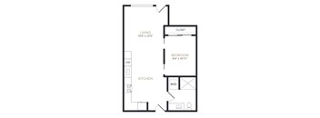 A floor plan of a small apartment with a living room, bedroom, and kitchen.