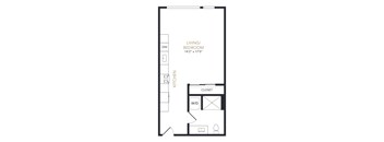 A floor plan of a small apartment with a living/bedroom area and a kitchen.