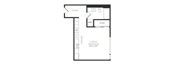 A floor plan of a small apartment with a living/bedroom area, kitchen, and closet.