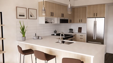 A modern kitchen with a white countertop and brown chairs.