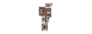 A floor plan of a two-bedroom apartment with a living room, kitchen, and bathroom.