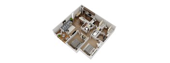 A 3D floor plan of a small apartment with two bedrooms, a living room, and a kitchen.